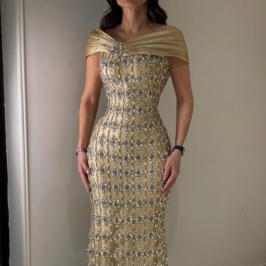 Royal Gold Crystal Beaded Evening Dress with Draped Shoulder SS217