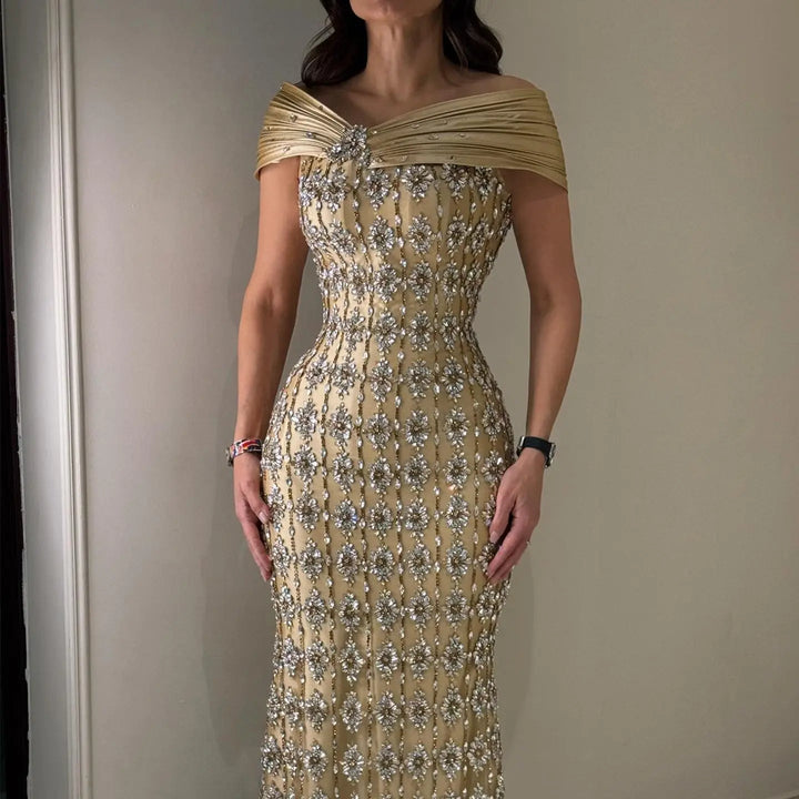 Royal Gold Crystal Beaded Evening Dress with Draped Shoulder SS217