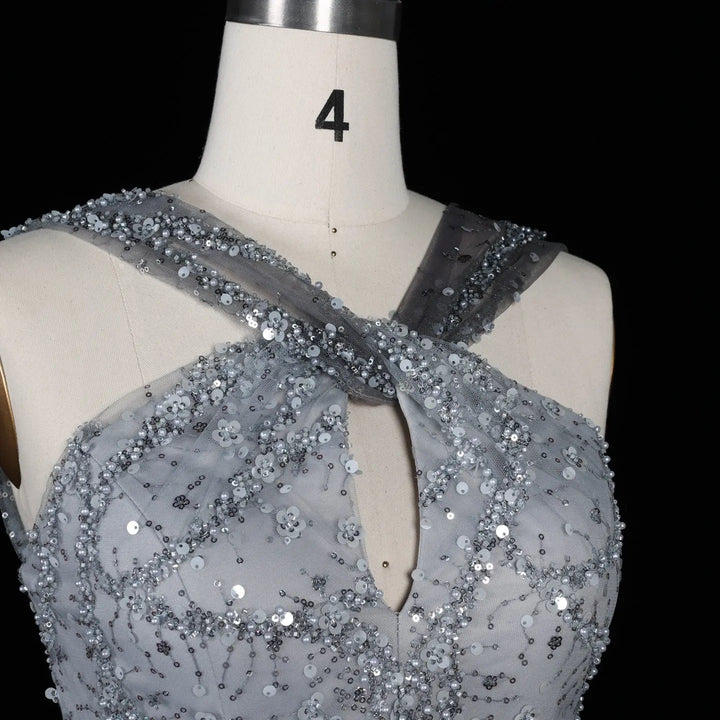 Elegant Gradient Pink Beaded Sequin Halter Prom Dress SS709