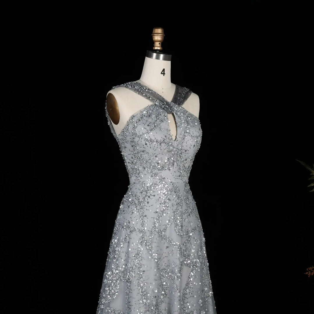 Elegant Gradient Pink Beaded Sequin Halter Prom Dress SS709