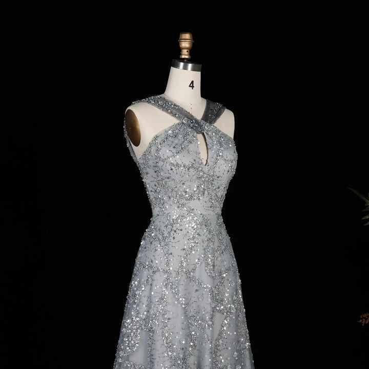 Elegant Gradient Pink Beaded Sequin Halter Prom Dress SS709