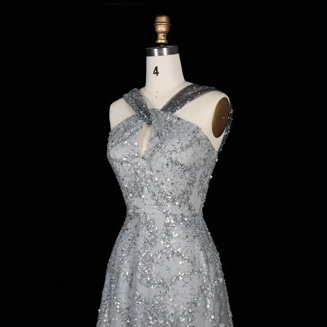 Elegant Gradient Pink Beaded Sequin Halter Prom Dress SS709