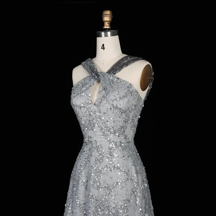 Elegant Gradient Pink Beaded Sequin Halter Prom Dress SS709