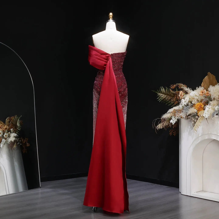 Sparkly Burgundy Evening Dress with Crystal Tassels Satin Shoulder SS530