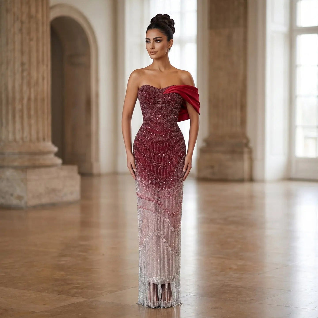 Sparkly Burgundy Evening Dress with Crystal Tassels Satin Shoulder SS5 DreamyVow Sparkly Burgundy Evening Dress with Crystal Tassels Satin Shoulder SS5 DreamyVow