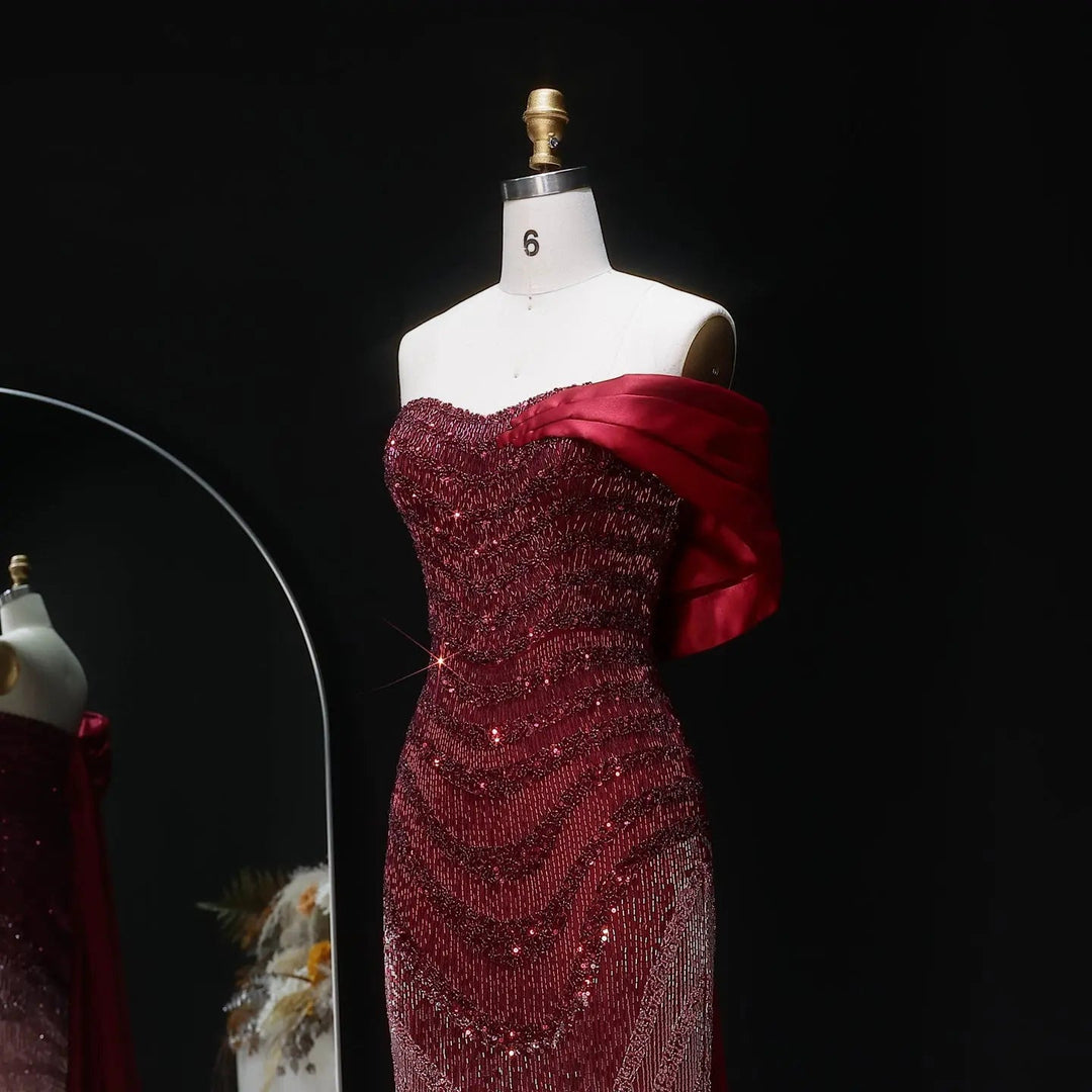 Sparkly Burgundy Evening Dress with Crystal Tassels Satin Shoulder SS530