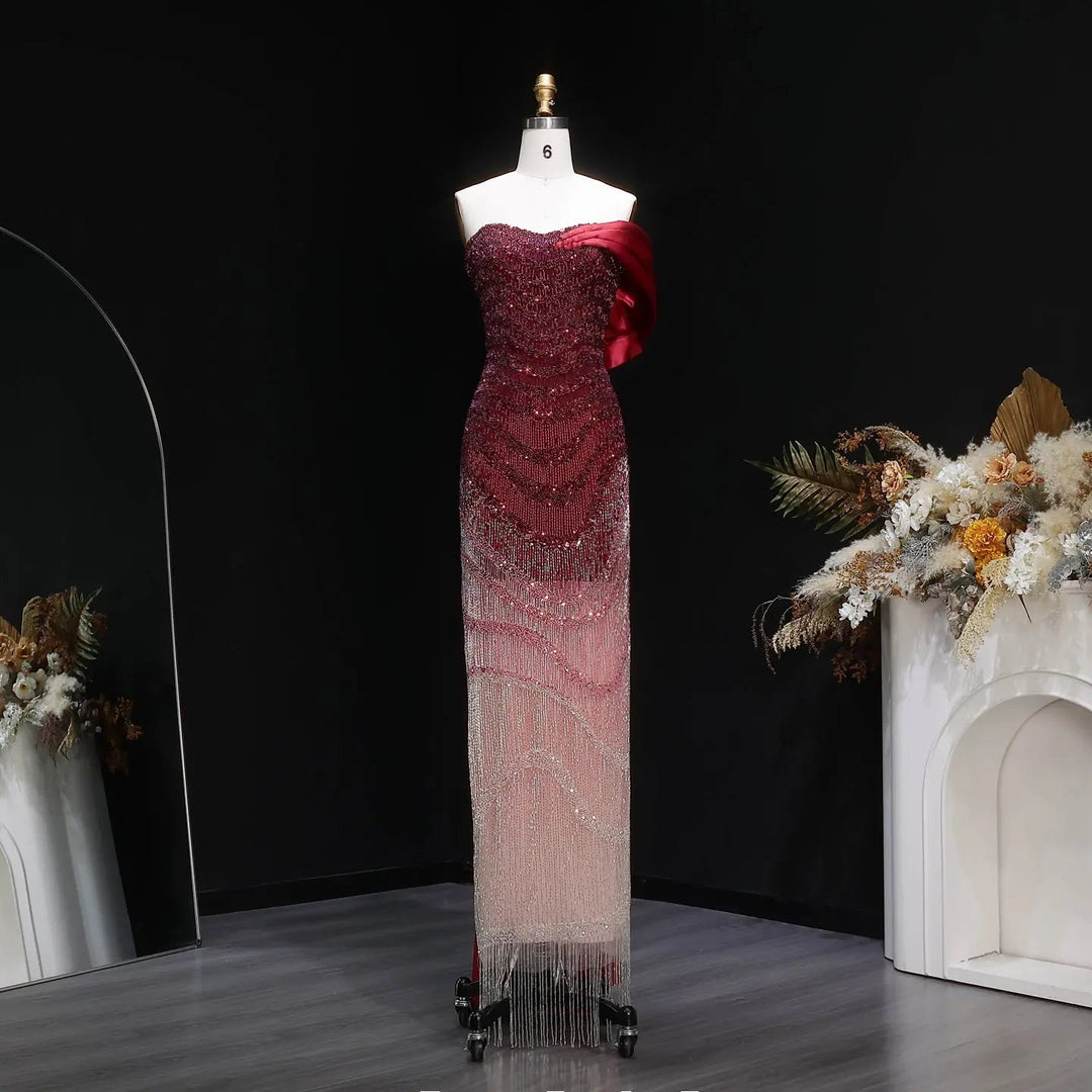 Sparkly Burgundy Evening Dress with Crystal Tassels Satin Shoulder SS5 DreamyVow Sparkly Burgundy Evening Dress with Crystal Tassels Satin Shoulder SS5 DreamyVow