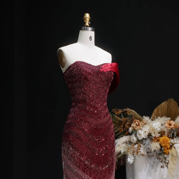 Sparkly Burgundy Evening Dress with Crystal Tassels Satin Shoulder SS530