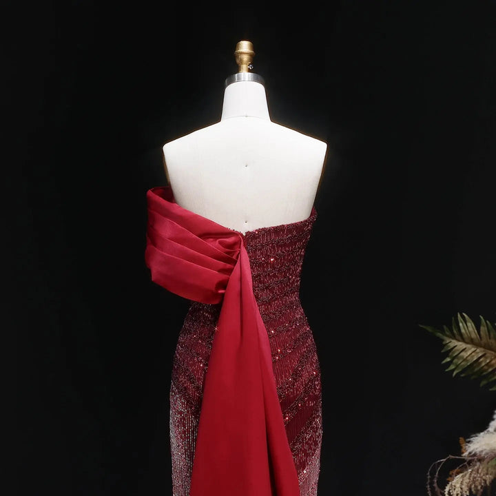 Sparkly Burgundy Evening Dress with Crystal Tassels Satin Shoulder SS530