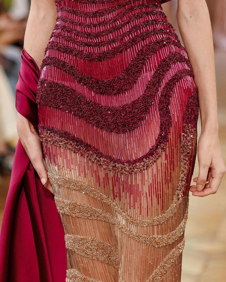 Sparkly Burgundy Evening Dress with Crystal Tassels Satin Shoulder SS530