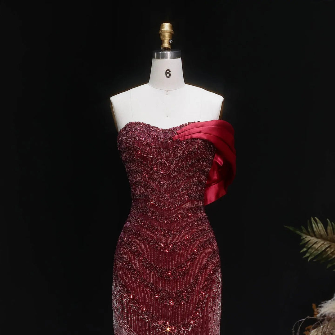 Sparkly Burgundy Evening Dress with Crystal Tassels Satin Shoulder SS530