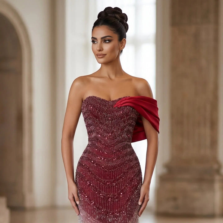 Sparkly Burgundy Evening Dress with Crystal Tassels Satin Shoulder SS530
