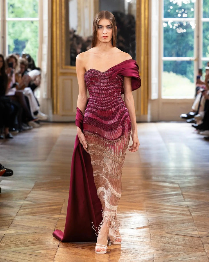 Sparkly Burgundy Evening Dress with Crystal Tassels Satin Shoulder SS530