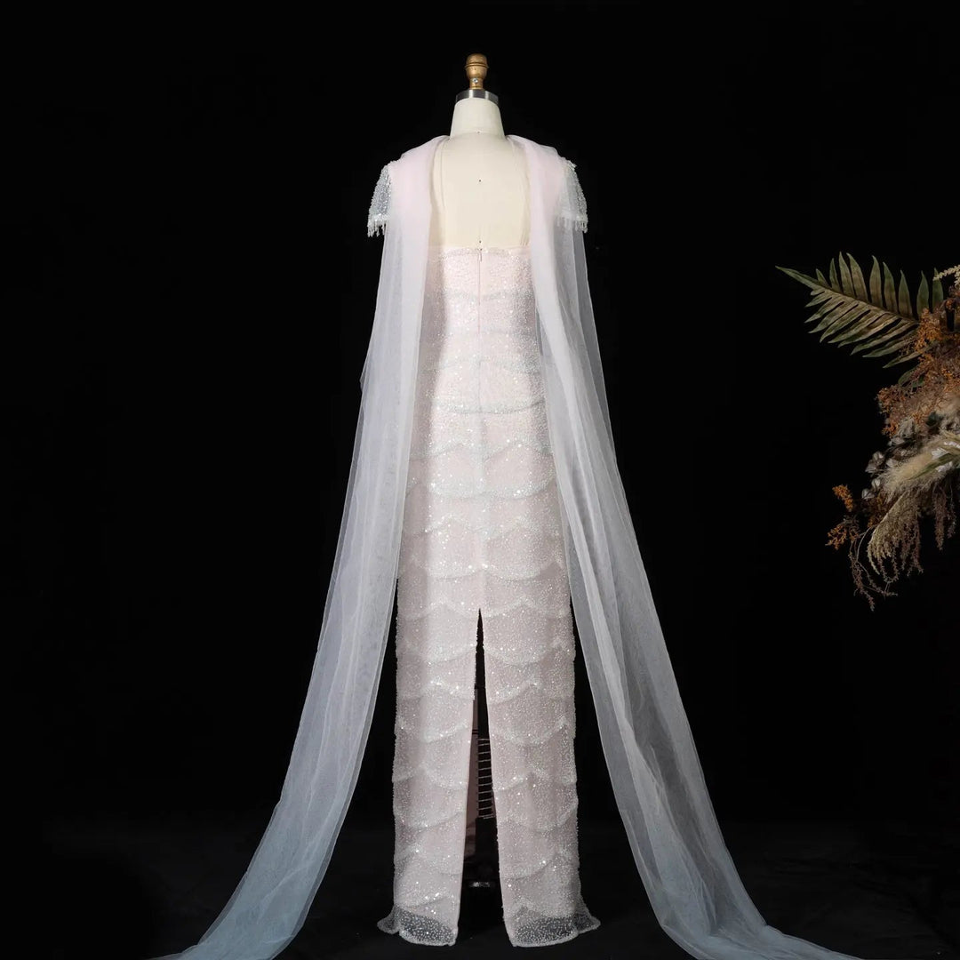 Luxury Gradient White Beaded Layered Evening Gown with Scarf SS523