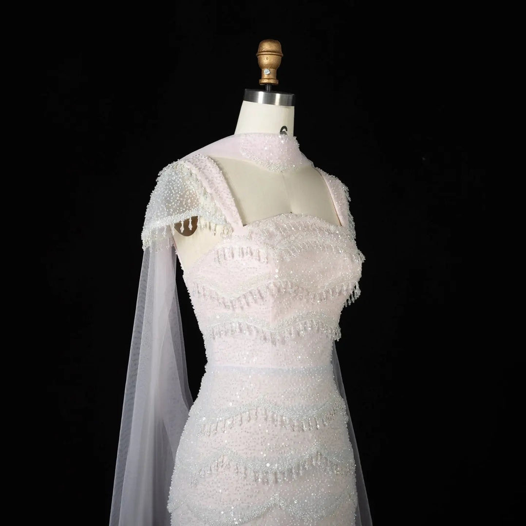 Luxury Gradient White Beaded Layered Evening Gown with Scarf SS523