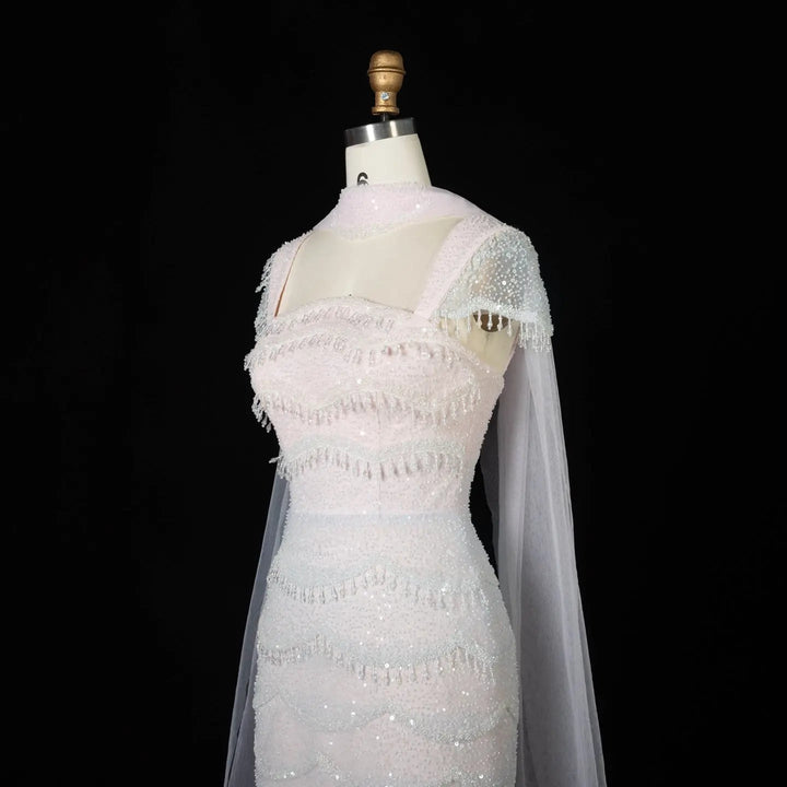 Luxury Gradient White Beaded Layered Evening Gown with Scarf SS523