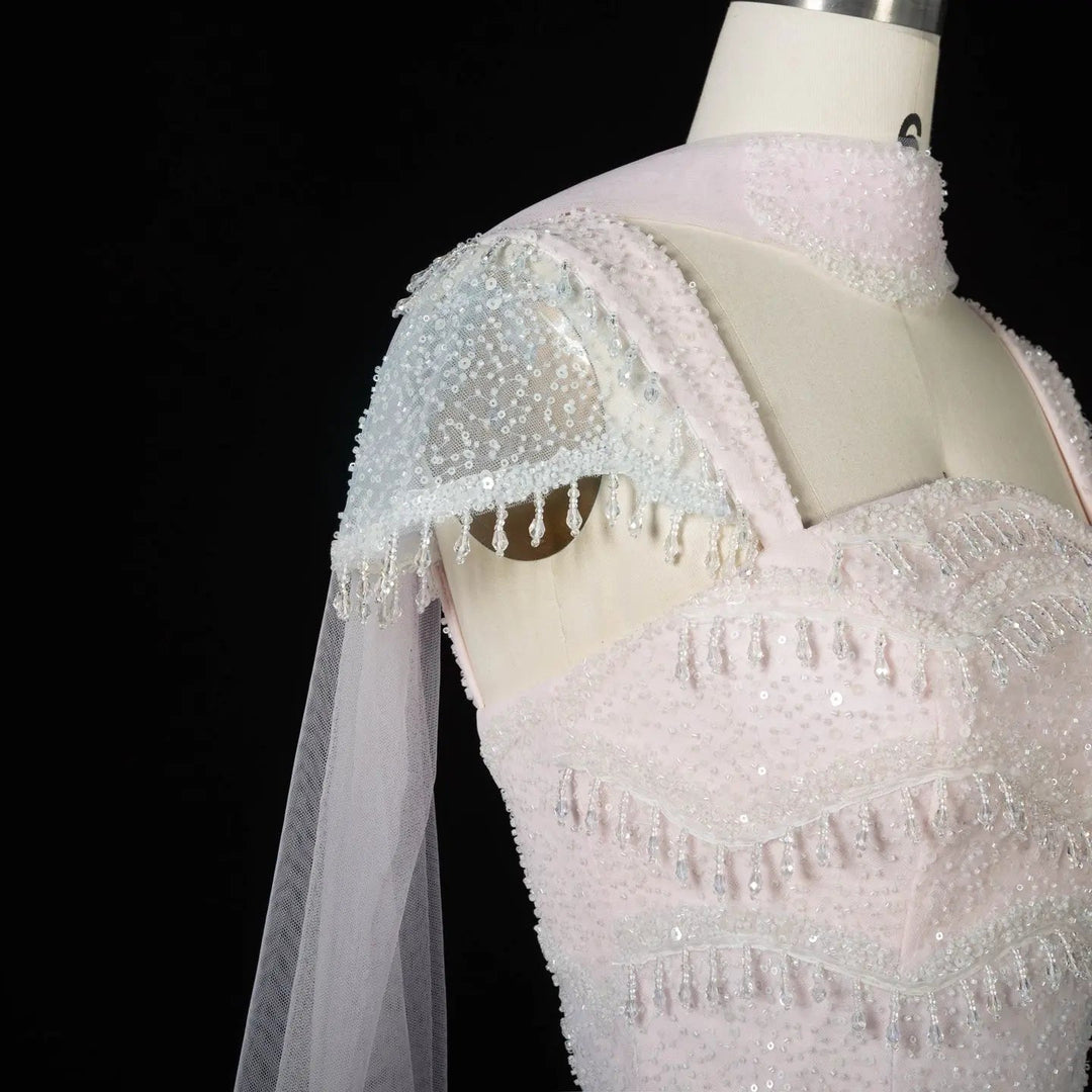 Luxury Gradient White Beaded Layered Evening Gown with Scarf SS523