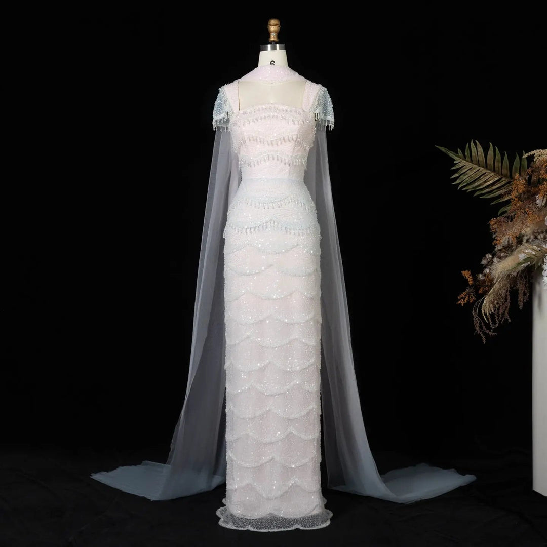 Luxury Gradient White Beaded Layered Evening Gown with Scarf SS523