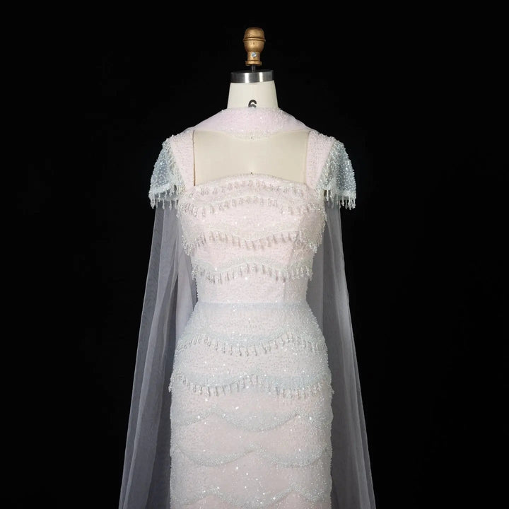 Luxury Gradient White Beaded Layered Evening Gown with Scarf SS523