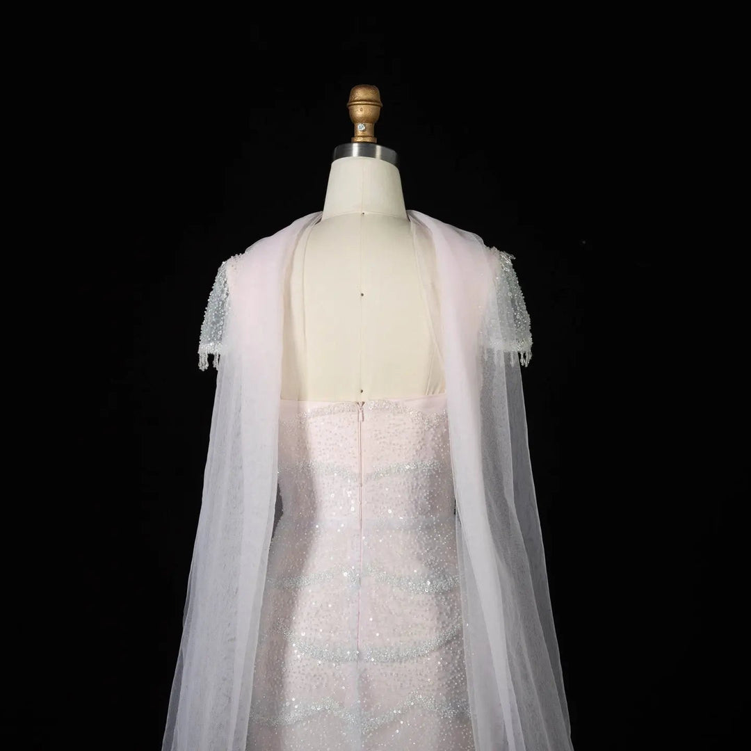 Luxury Gradient White Beaded Layered Evening Gown with Scarf SS523