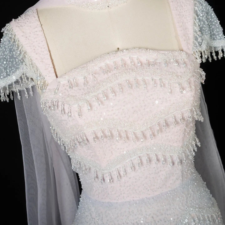 Luxury Gradient White Beaded Layered Evening Gown with Scarf SS523