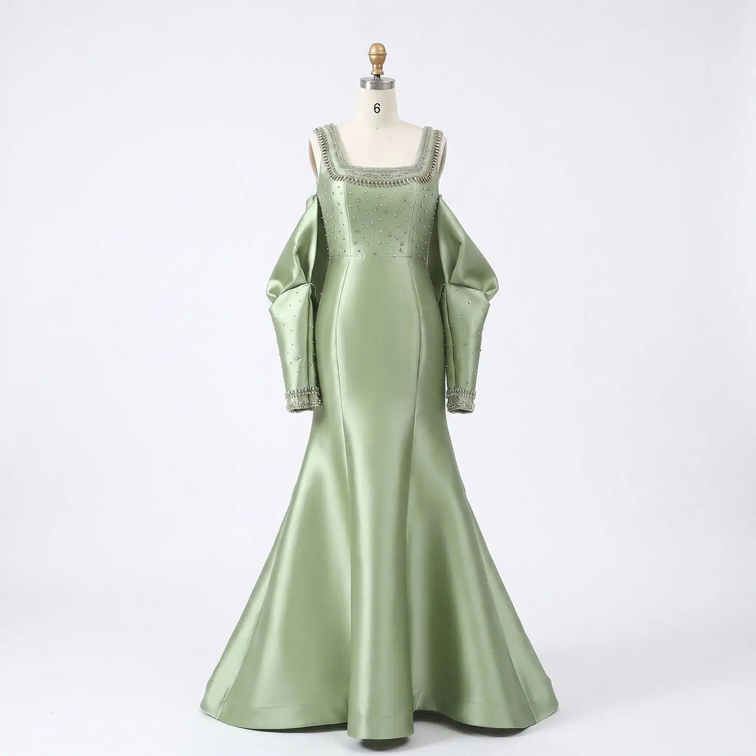 Luxury Khaki Satin Evening Gown with Beaded Bodice Detached Long Sleev DreamyVow Luxury Khaki Satin Evening Gown with Beaded Bodice Detached Long Sleev DreamyVow