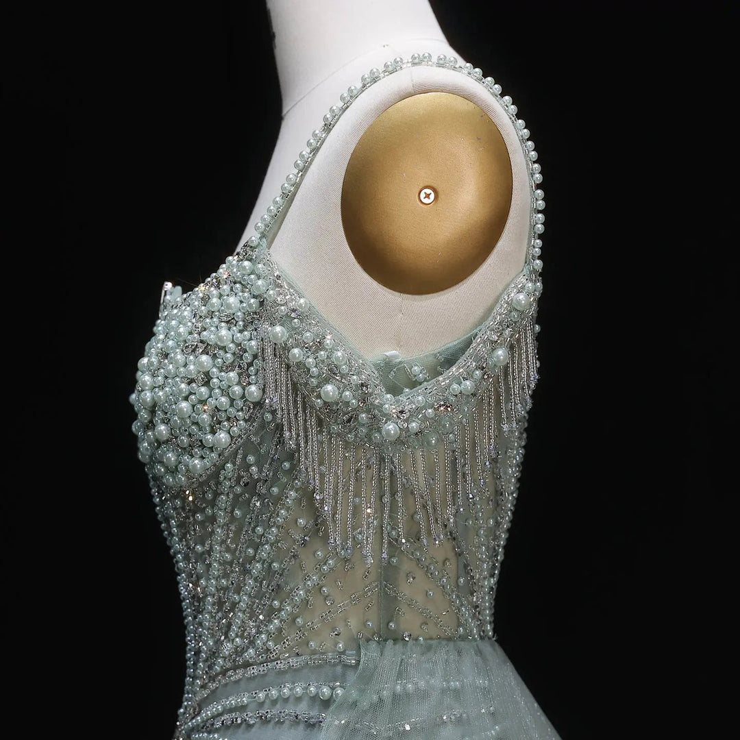 Sparkly Sage Green Evening Dress with Crystal Corset Overskirt SS121