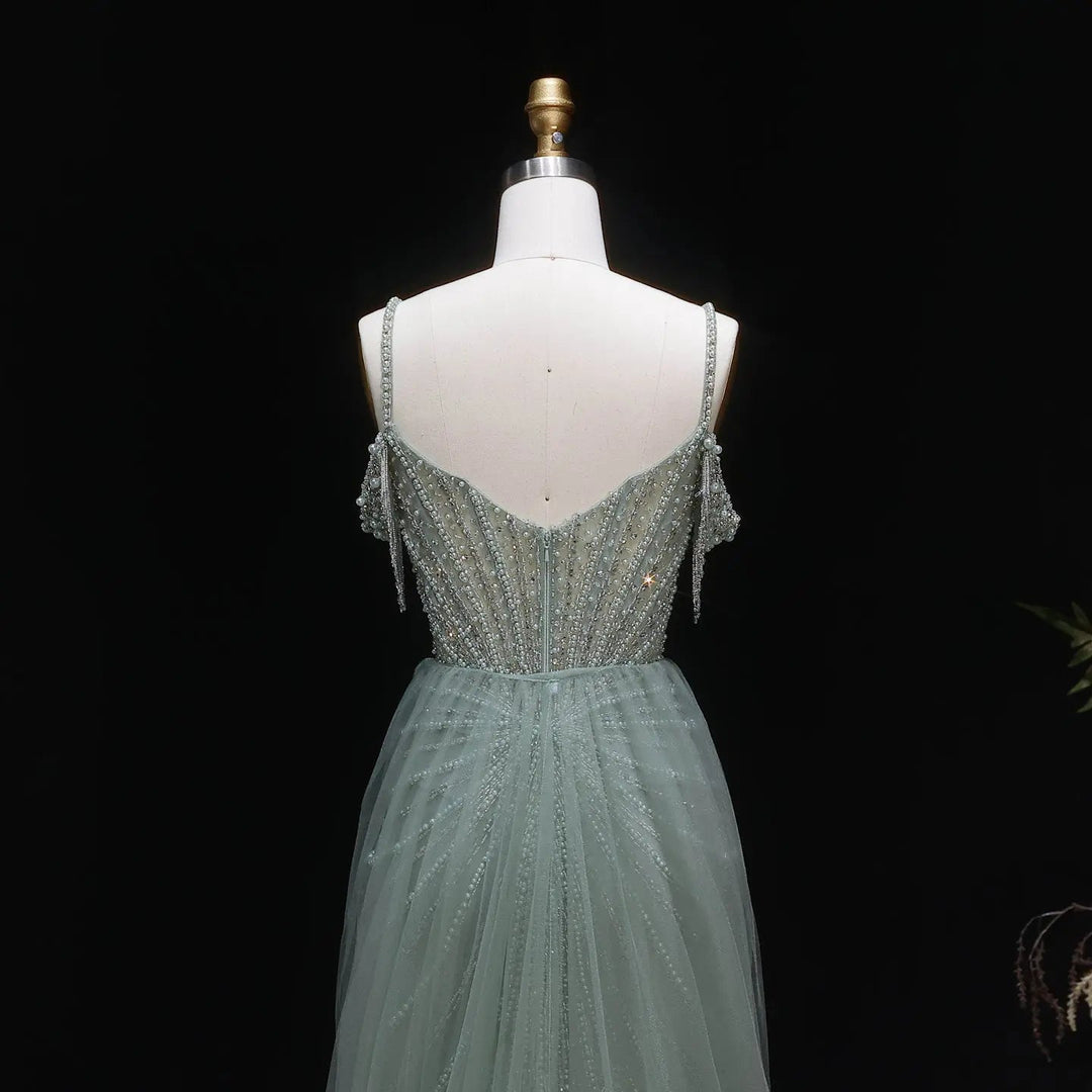 Sparkly Sage Green Evening Dress with Crystal Corset Overskirt SS121
