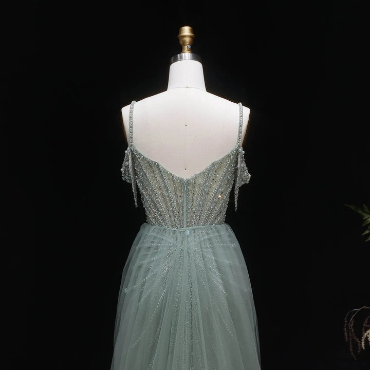 Sparkly Sage Green Evening Dress with Crystal Corset Overskirt SS121
