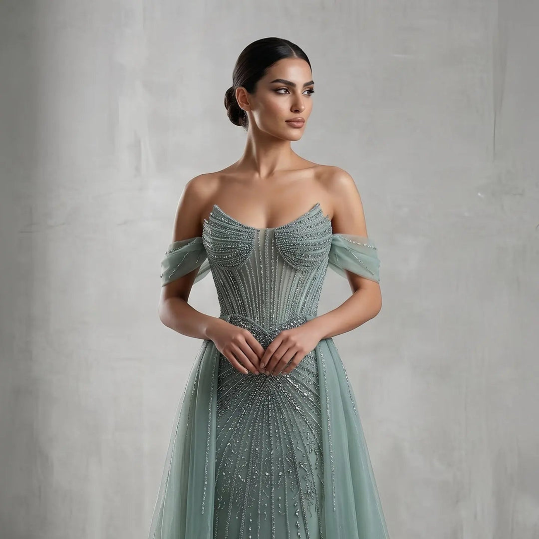 Luxury Pink Crystal Off-Shoulder Evening Dress With Overskirt SS120