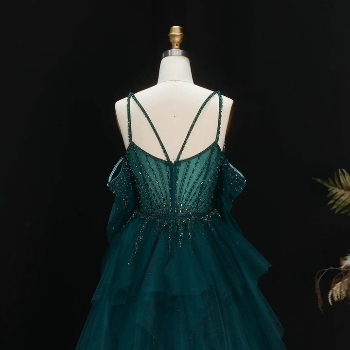 Elegant Off-Shoulder Evening Gown with Beaded Bodice Layered Tulle Train SS123
