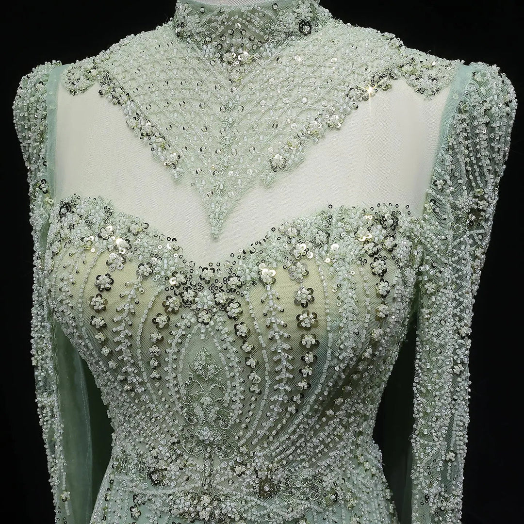 Blue Arabic Style Beaded Evening Dress with High Neck SS079
