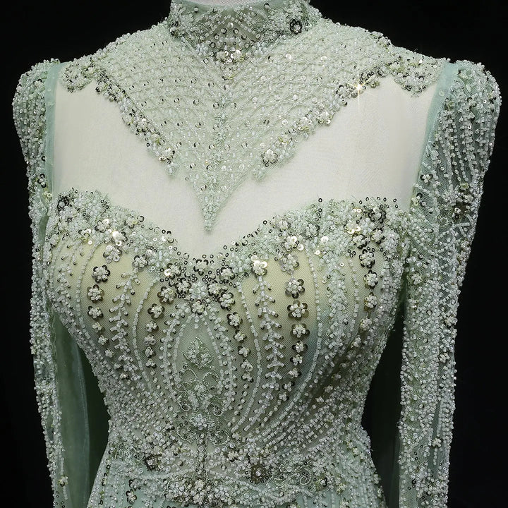 Blue Arabic Style Beaded Evening Dress with High Neck SS079