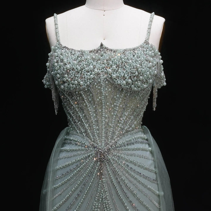 Sparkly Sage Green Evening Dress with Crystal Corset Overskirt SS121