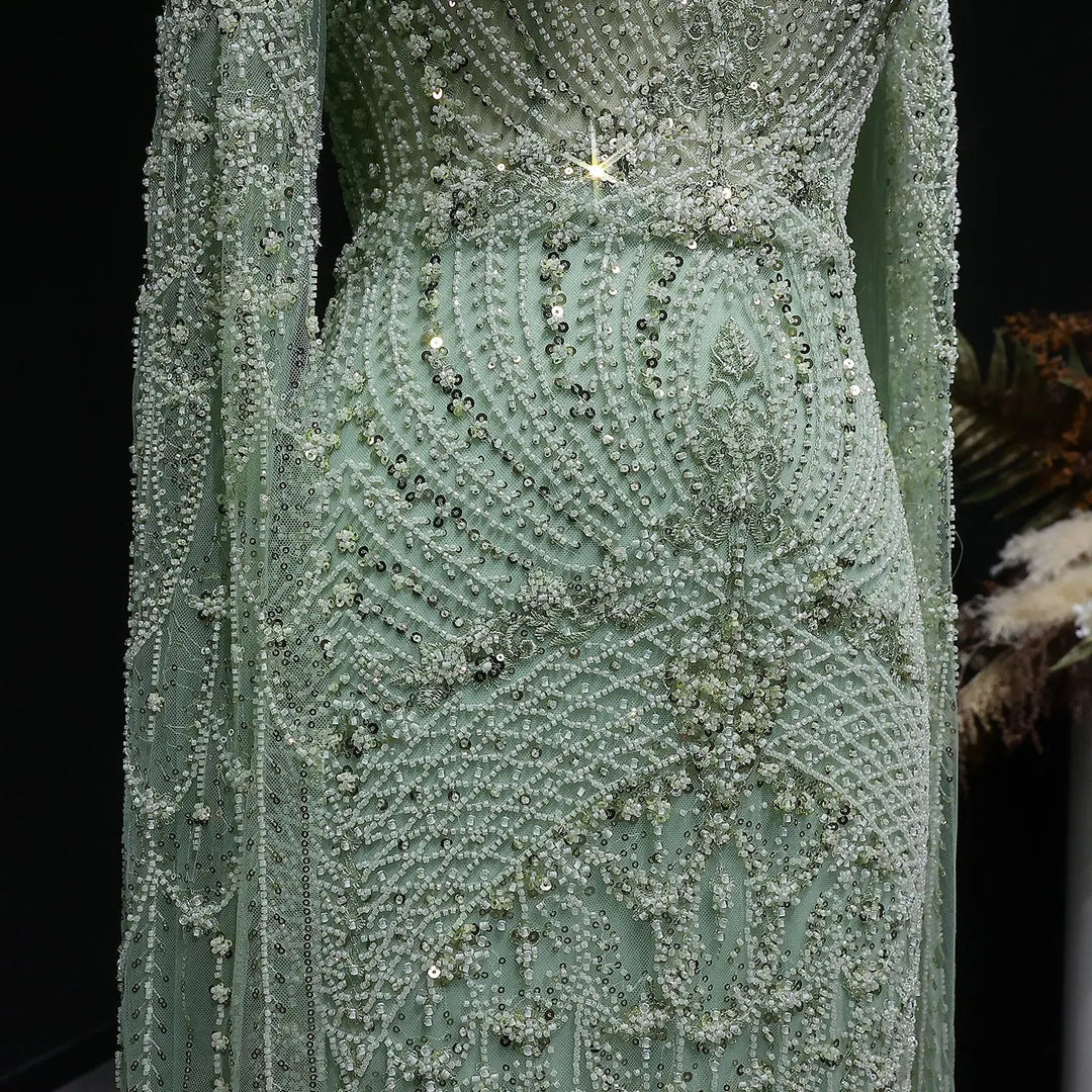 Blue Arabic Style Beaded Evening Dress with High Neck SS079