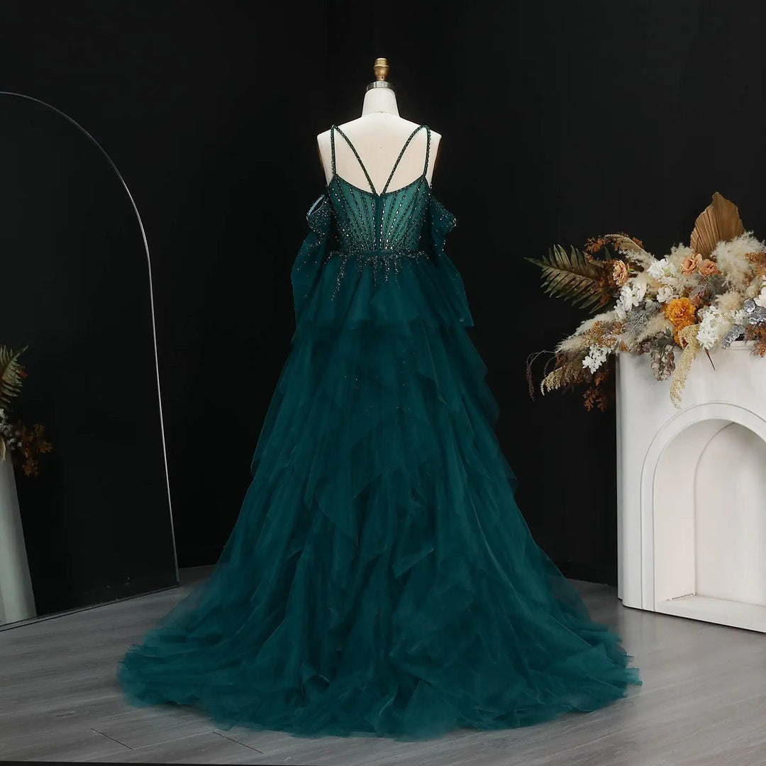 Elegant Off-Shoulder Evening Gown with Beaded Bodice Layered Tulle Train SS123