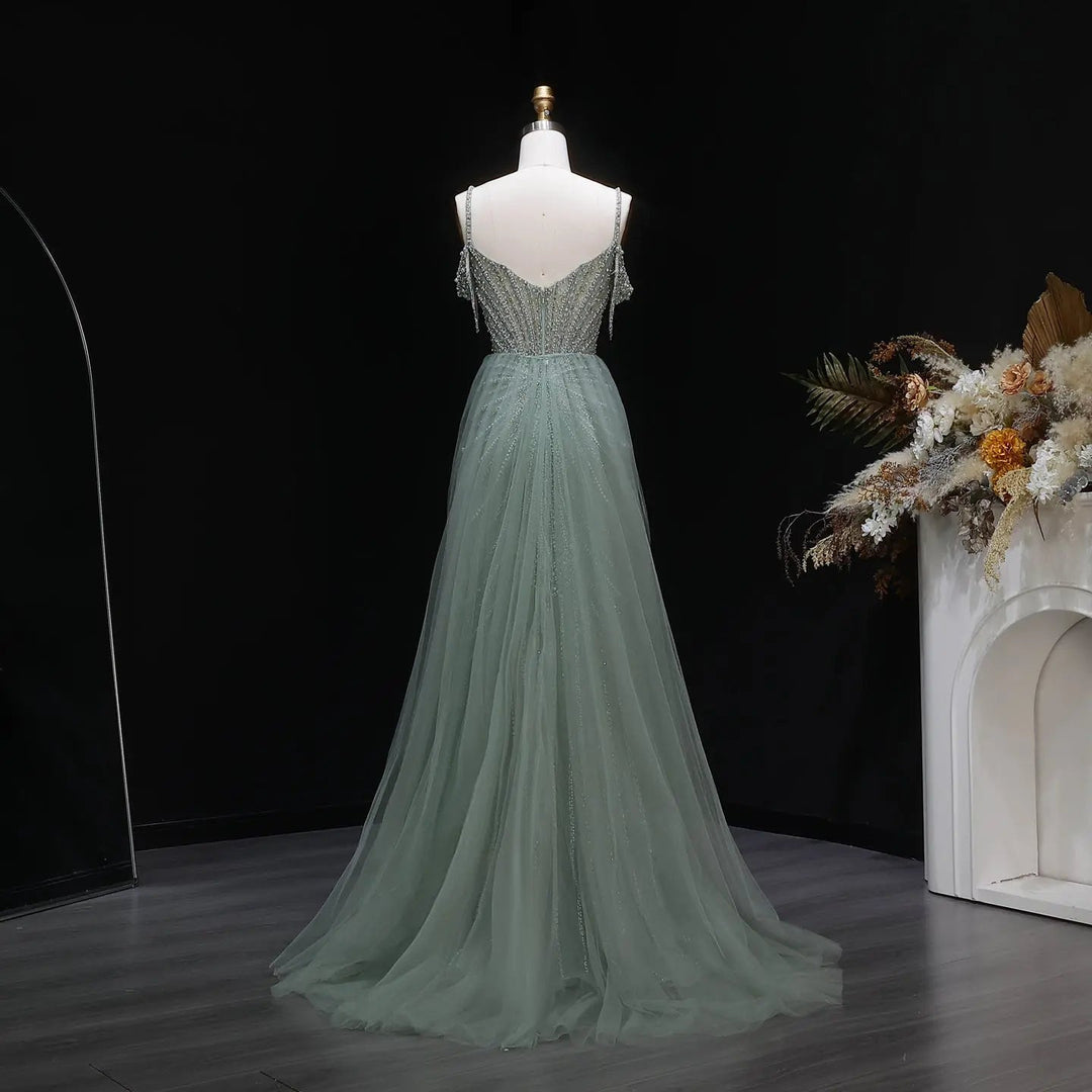 Sparkly Sage Green Evening Dress with Crystal Corset Overskirt SS121