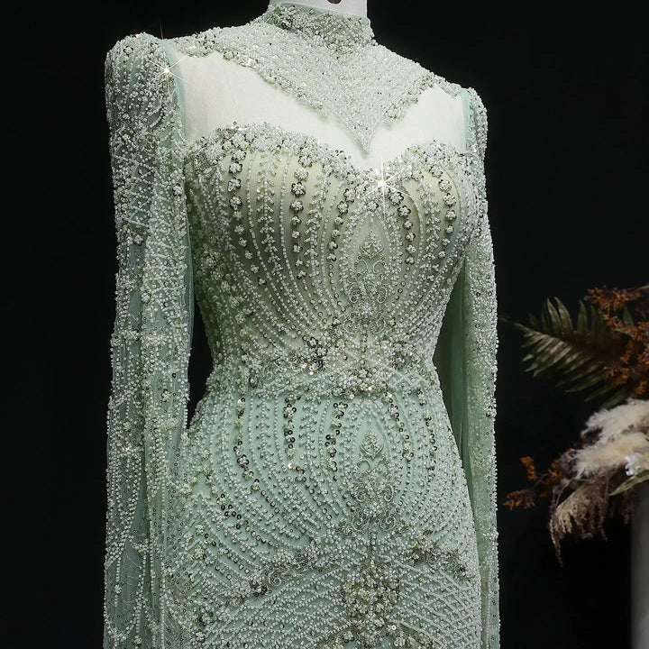 Blue Arabic Style Beaded Evening Dress with High Neck SS079