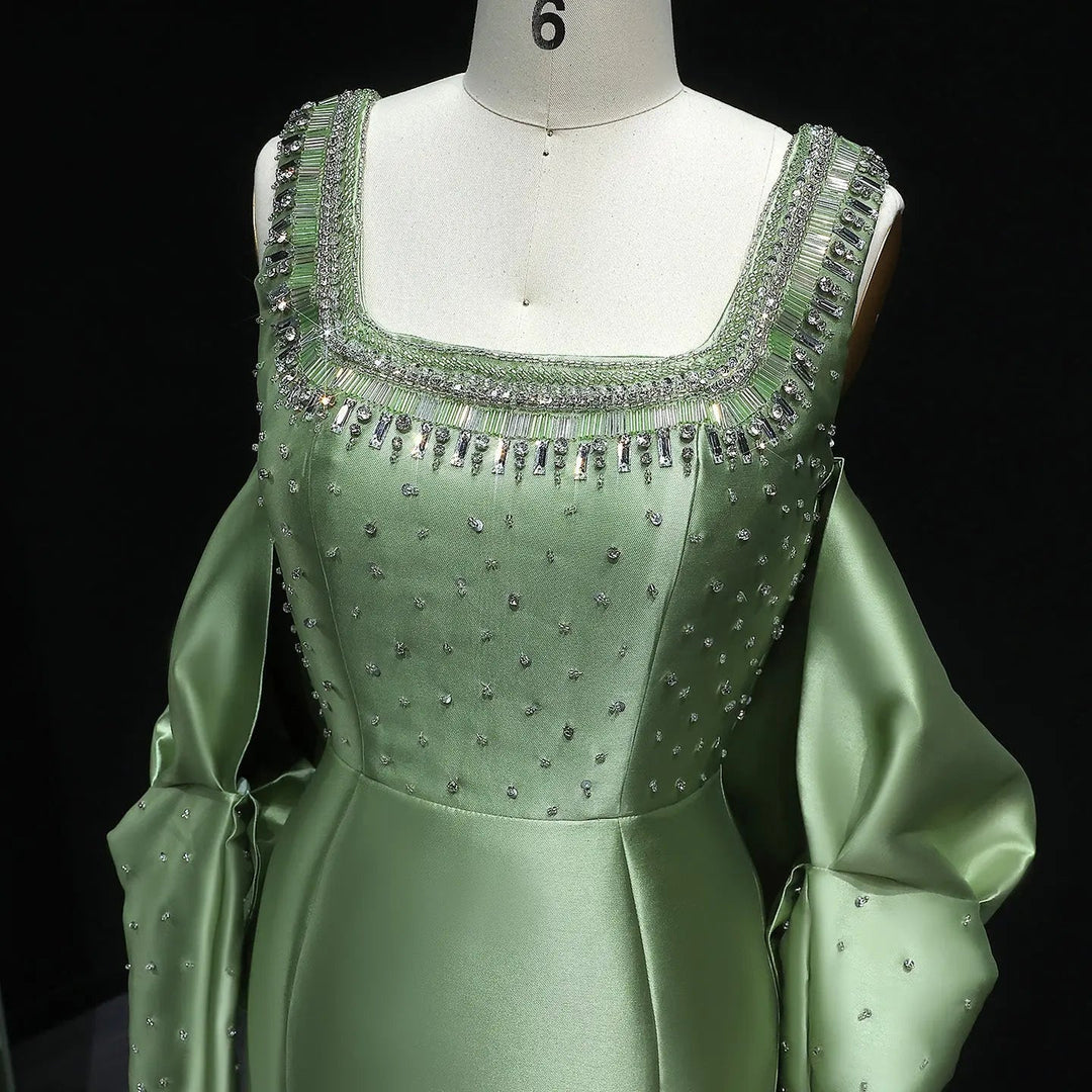 Luxury Khaki Satin Evening Gown with Beaded Bodice Detached Long Sleeves SS574