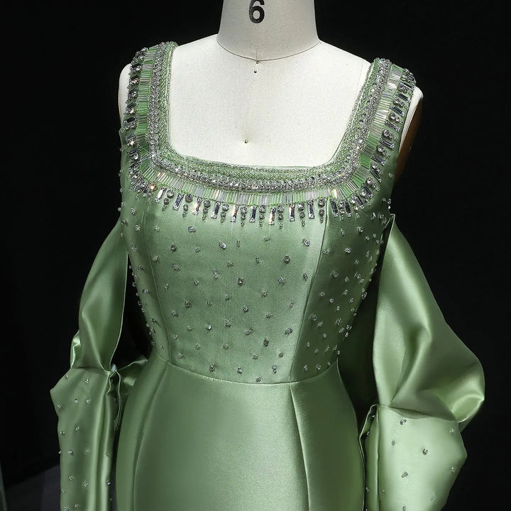 Luxury Khaki Satin Evening Gown with Beaded Bodice Detached Long Sleeves SS574