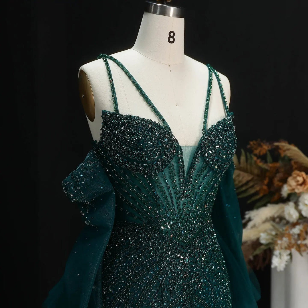 Elegant Off-Shoulder Evening Gown with Beaded Bodice Layered Tulle Train SS123