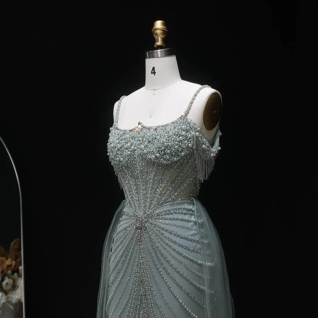 Sparkly Sage Green Evening Dress with Crystal Corset Overskirt SS121
