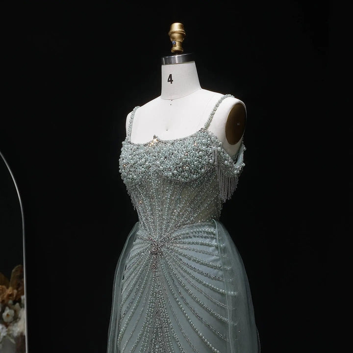Sparkly Sage Green Evening Dress with Crystal Corset Overskirt SS121