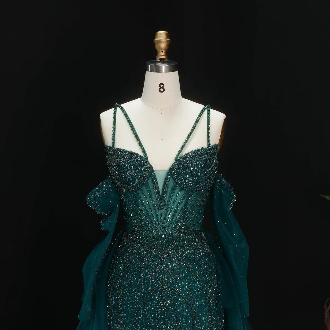 Elegant Off-Shoulder Evening Gown with Beaded Bodice Layered Tulle Train SS123