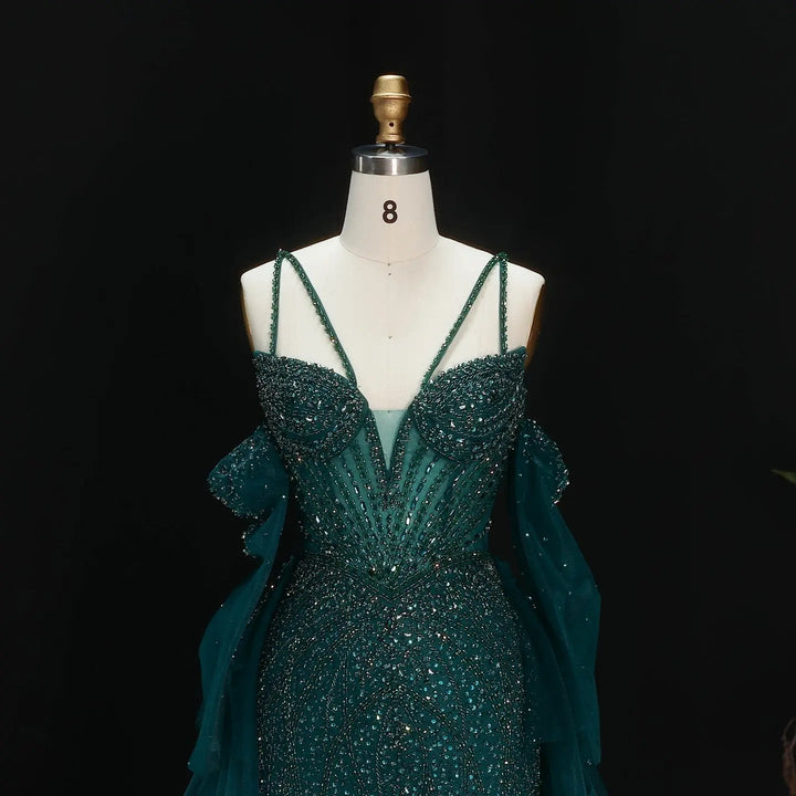 Elegant Off-Shoulder Evening Gown with Beaded Bodice Layered Tulle Train SS123