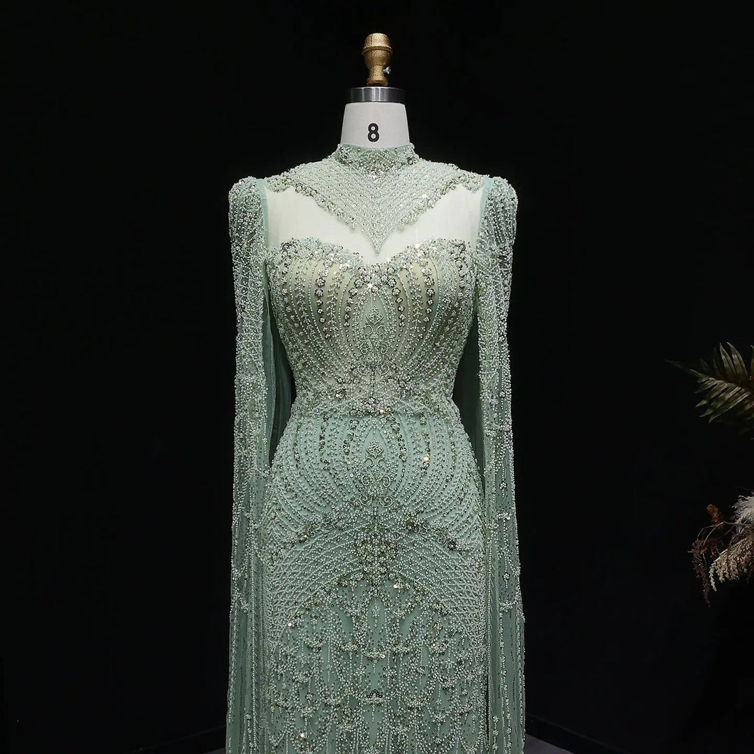 Blue Arabic Style Beaded Evening Dress with High Neck SS079