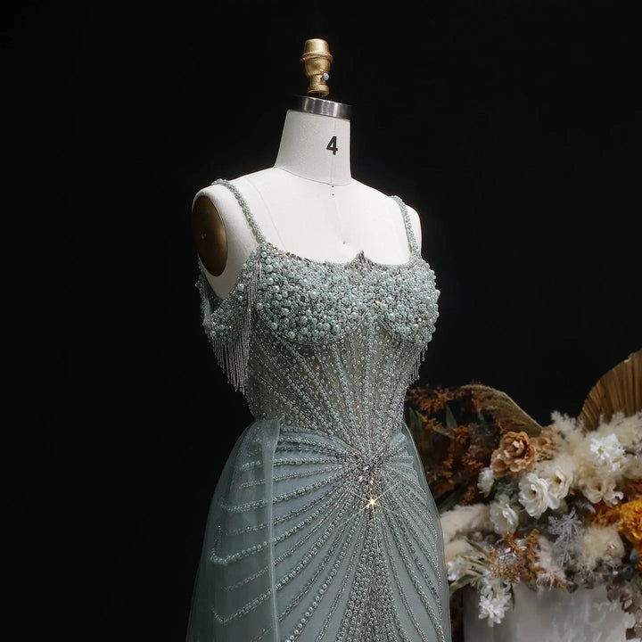 Sparkly Sage Green Evening Dress with Crystal Corset Overskirt SS121