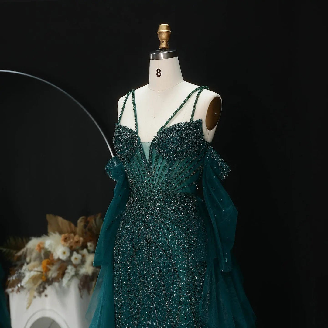 Elegant Off-Shoulder Evening Gown with Beaded Bodice Layered Tulle Train SS123