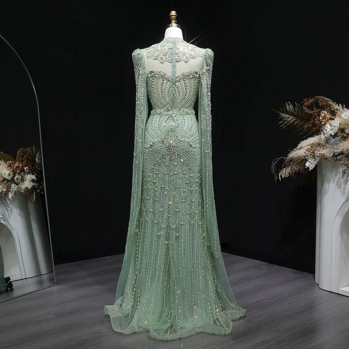 Blue Arabic Style Beaded Evening Dress with High Neck SS079