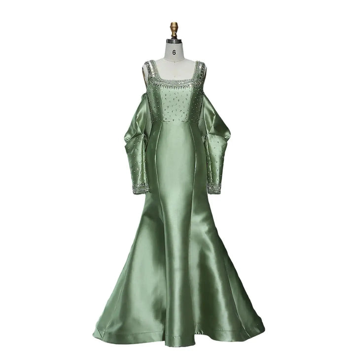 Luxury Khaki Satin Evening Gown with Beaded Bodice Detached Long Sleeves SS574